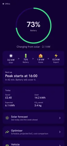 The Android app's dashboard: a battery state-of-charge ring, a flow strip reading solar to battery to home with a live export figure, the next tariff event, and today's totals.