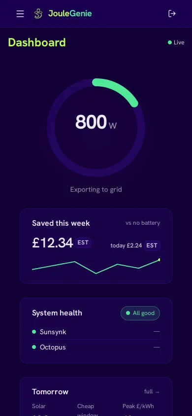 The Joule Genie dashboard on a phone: a ring showing live grid export, this week's saving, and system health for the connected inverter and tariff.
